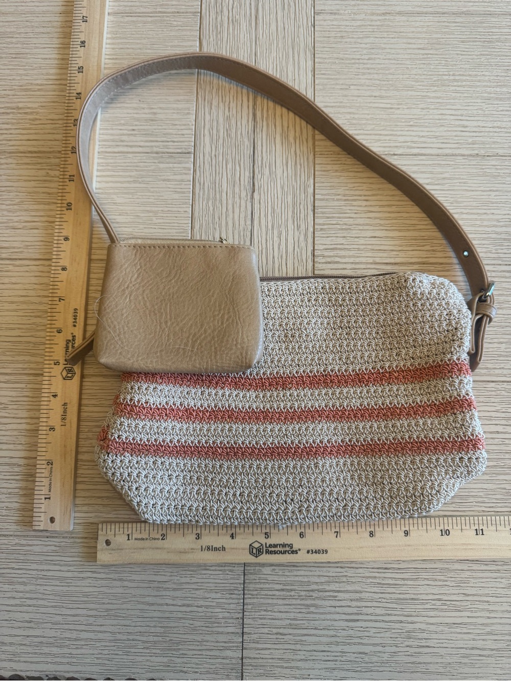 Neutral Woven Crossbody Bag with Coral Stripe Accent. Frankie & Johnnie